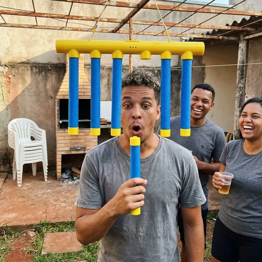 Amigos no quintal com o Hand Speed pendurado perto da churrasqueira